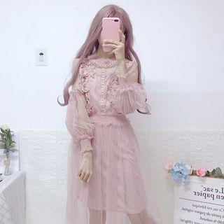 Set: Slipdress + Lace Trim Mesh Long-sleeve Midi A-line Dress