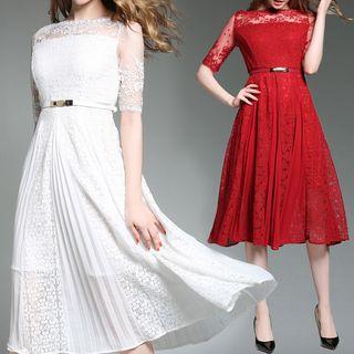Lace Trim Elbow Sleeve Pleated Midi Dress