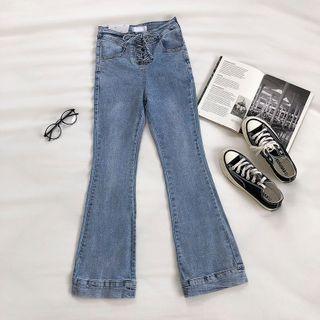 Plain High-waist Lace-up Flare Jeans