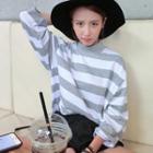 Striped Mock Neck Sweatshirt Stripes - Gray & White - One Size