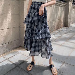 Layered Ruffle-trim Plaid Midi Skirt