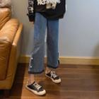 High-waist Pearl Button Boot-cut Cropped Jeans