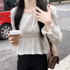 Long-sleeve Square-neck Shirred Blouse / Camisole Top