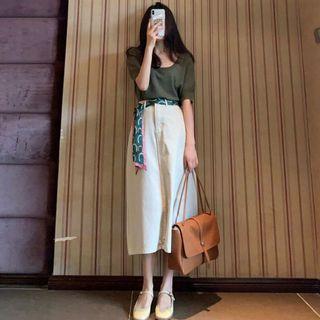 Set Of 2: Short-sleeve Plain T-shirt + High-waist Plain Skirt