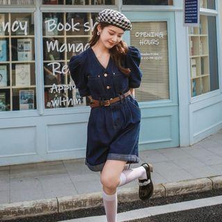 Puff Sleeve V-neck Denim Belted Playsuit