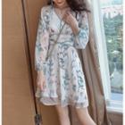 Long-sleeve V-neck Floral Chiffon Mini Dress
