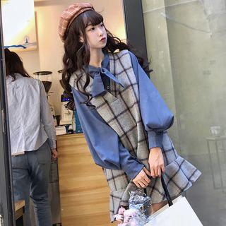 Balloon-sleeve Shirt / Sleeveless Plaid Mini Dress