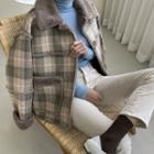 Faux-fur Lined Plaid Jacket Cocoa - One Size