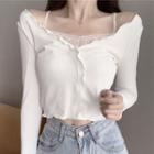Long-sleeve Lace Panel Cropped Knit Top