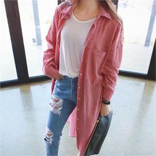 Pocket-front Checked Long Shirtdress