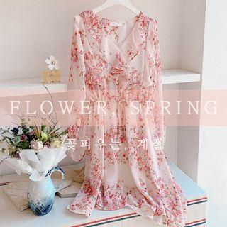 Tie-waist Ruffled Floral Chiffon Dress