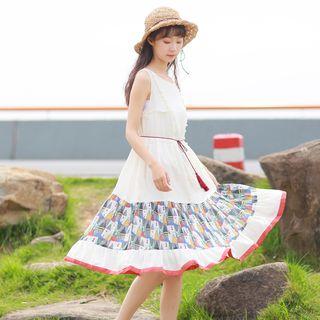 Sleeveless Printed Panel A-line Midi Dress