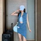 Sleeveless Denim Jacket / Asymmetric Applique Denim Skirt