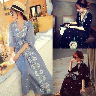 V-neck Drawstring 3/4-sleeve Midi Dress