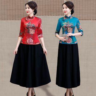 Set: Printed Elbow-sleeve Hanfu Top + Midi A-line Skirt