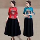 Set: Printed Elbow-sleeve Hanfu Top + Midi A-line Skirt