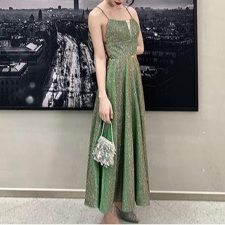 Spaghetti Strap Glitter Strappy Back A-line Evening Gown