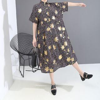 Leaf Short-sleeve Midi Shirt Dress As Shown In Figure - One Size