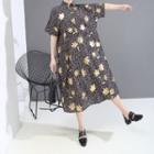 Leaf Short-sleeve Midi Shirt Dress As Shown In Figure - One Size