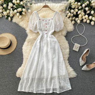 Square-neck Short-sleeve Lace Chiffon Dress