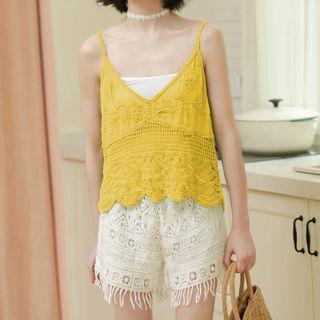 Lace Open Front Jacket / Fringed Hem Shorts / V-neck Camisole Top