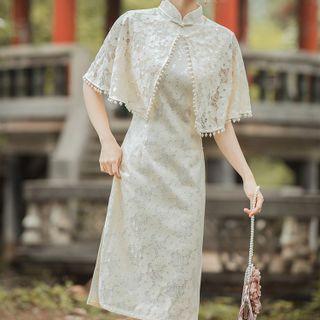 Set: Sleeveless Qipao + Lace Cape