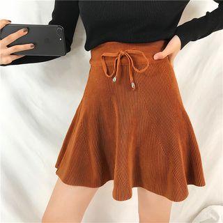 Long-sleeve V-neck Polo Knit Top / Knit Mini A-line Skirt
