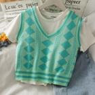 Argyle Crop Knit Vest Green - One Size