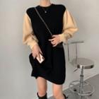 Long-sleeve Two-tone Knit Mini Dress Black & Almond - One Size