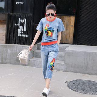 Set: Printed Short-sleeve Denim T-shirt + Cropped Jeans