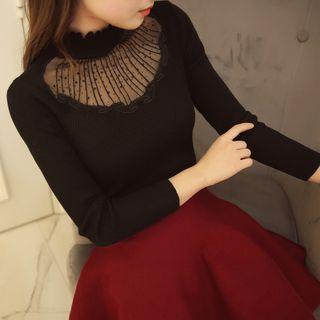 Mock-neck Beaded Mesh Panel Long-sleeve Knit Top
