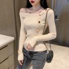 One-shoulder Buttoned Ribbed Knit Top