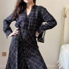 Long-sleeve Plaid Sashed Midi Shirt Dress