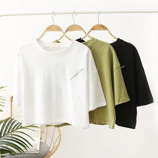 Elbow-sleeve Embroidered Feather Cropped T-shirt
