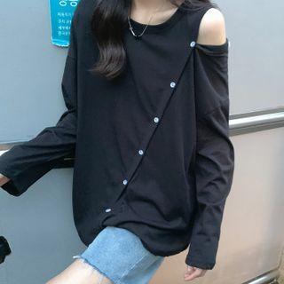 Long-sleeve Cut Out Diagonal Button T-shirt
