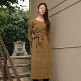 Round-neck Pintuck-trim Midi Dress With Sash