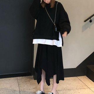 Set: Tie-side Sweatshirt + Asymmetric Midi A-line Skirt