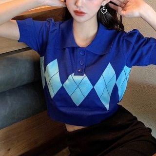 Short-sleeve Argyle Knit Top Blue - One Size