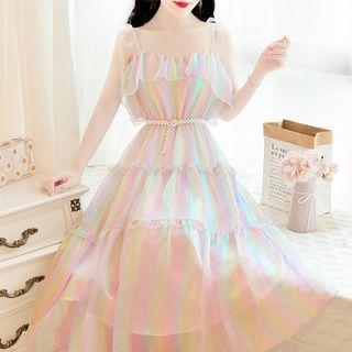 Spaghetti Strap Iridescent Midi A-line Mesh Dress