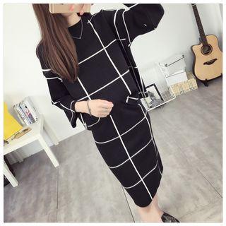 Set: Window Pane 3/4 Sleeve Sweater + Midi Knit Skirt