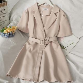 Puff-sleeve Lapel Mini Dress With Belt