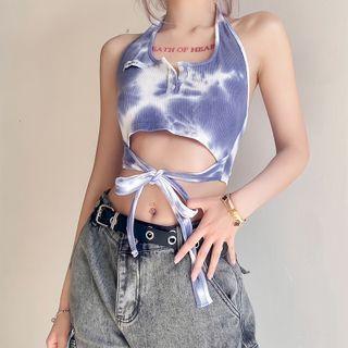 Halter-neck Tie-dye Print Crop Tank Top