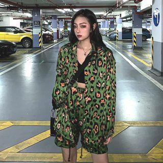 Set: Leopard Print Oversize Shirt + High-waist Shorts As Shown In Figure - One Size