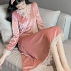 Plain V-neck Lace-trim Long-sleeve Velvet Dress Pink - One Size