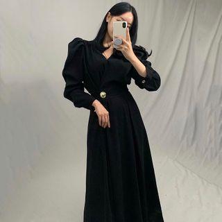 Puff=sleeve Twisted Midi A-line Dress