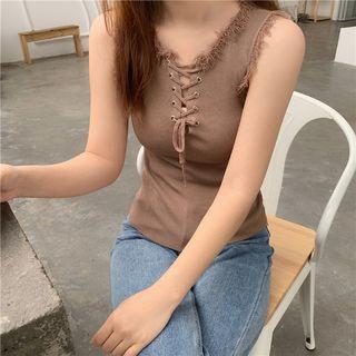 Sleeveless Fringe Trim Lace-up Knit Top