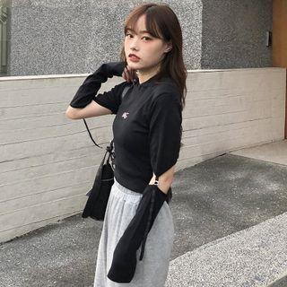 Detachable Sleeve Printed T-shirt Black - One Size
