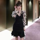 Set: Floral Mesh Top + Shirred Mini A-line Pinafore Dress