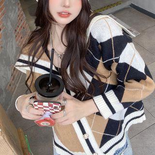 Sailor Collar Argyle Panel Badge Cable Knit Cardigan