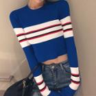 Striped Long-sleeve Knit Top Blue - One Size